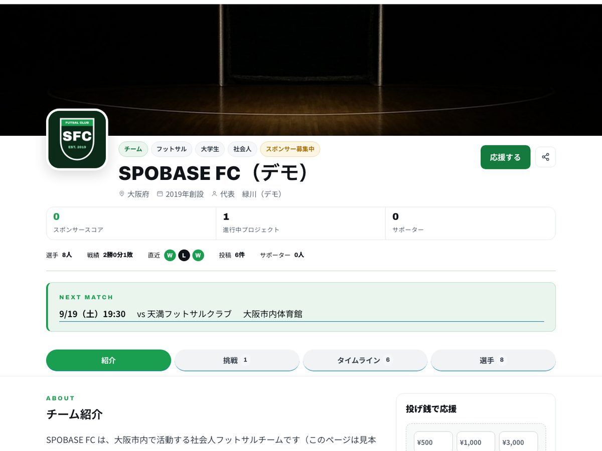 チームの公式ページの例